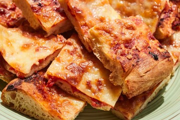A plate of snack-sized Roman-style pizza pieces, sometimes called cuts or slices
