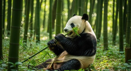 A giant panda eating bamboo in a lush green forest.