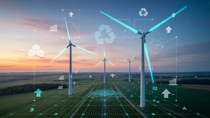 Stunning wind farm generating clean energy at sunset with digital interface overlay showcasing modern sustainable technology solutions for businesses