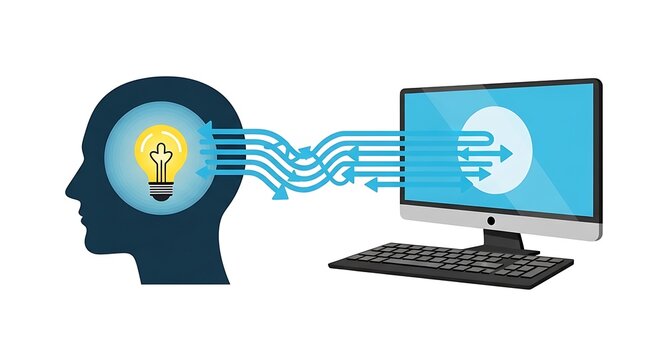 Human Brain Connected to Computer Screen with Idea Lightbulb and Data Flow.