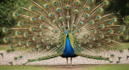 A colorful peacock displaying its feathers in a garden