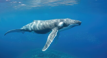 A whale swimming peacefully in deep blue ocean waters.
