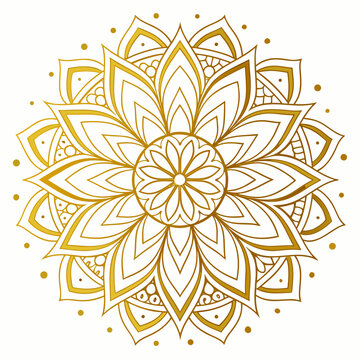 Elegant golden mandala design with intricate floral petals and decorative dots on a white background