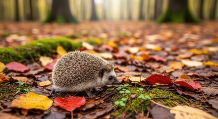 A small hedgehog walking on a leafy forest floor.