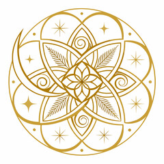 Elegant golden mandala with celestial stars and crescent moon motifs on a white background
