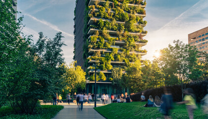 A striking vertical forest skyscraper overlooks a public park with people relaxing, symbolizing urban sustainability, green architecture, and healthy life.