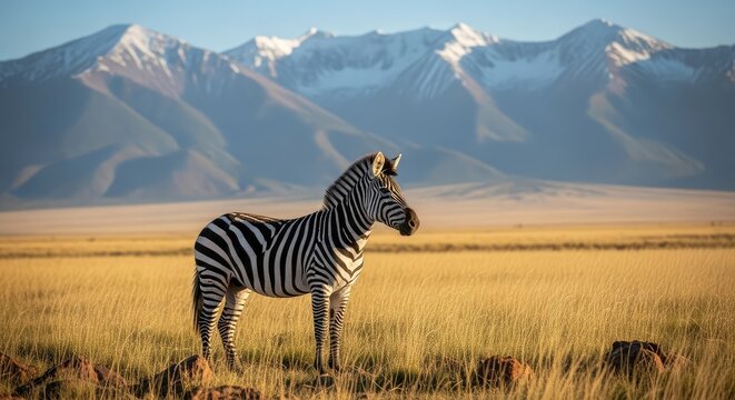 A zebra standing on the grassland with mountains in the background