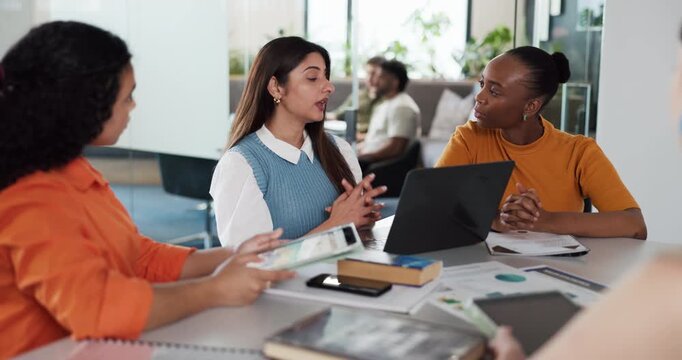 Business, women and meeting with laptop in office for industry trends, campaign ideas and planning. Marketing manager, team or KPI graphs for competitor analysis, project management or brand strategy