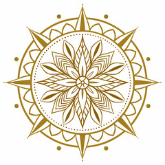 Elegant golden compass rose mandala design with intricate floral patterns and radiating points on a white background