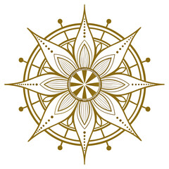 Elegant golden compass rose with intricate floral petals and decorative dots on white background ©  AMINA 1122