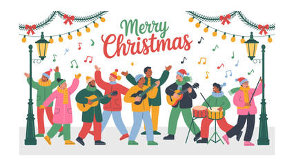Naklejka premium Merry Christmas Carolers: A cheerful group of carolers performs under festive lights, spreading holiday cheer with music and song.