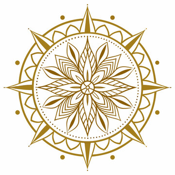 Elegant golden compass rose mandala design with intricate floral patterns and radiating points on a white background