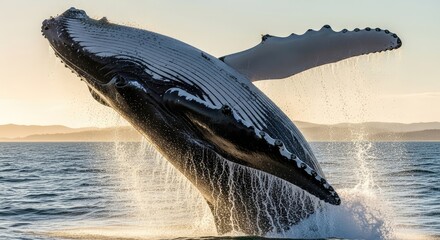 A humpback whale breaching the ocean surface with water splashing.