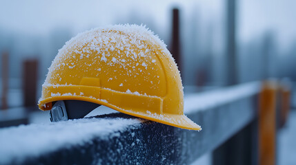 Frozen Yellow Protective Helmet: Crisp winter scene of a construction helmet, dusted with snow, resting on a frosted surface, evoking a sense of dedication and winter work.
