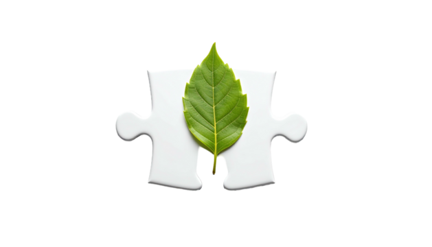 A vibrant green leaf rests on a white puzzle piece, isolated on a black background