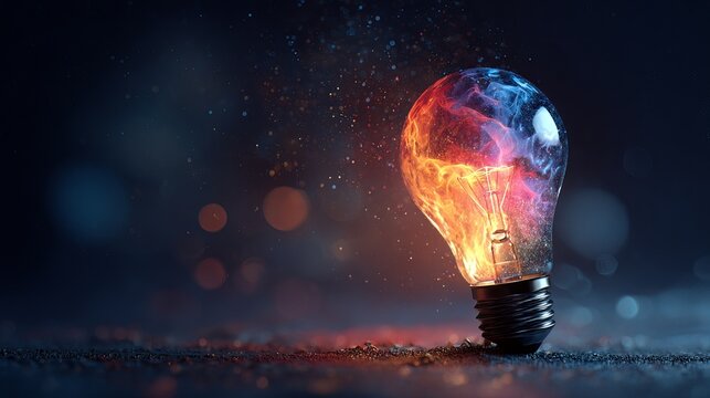 A glowing light bulb with colorful energy and sparks flying around it representing creativity, innovation inspiration or new ideas in the concept of creative thinking.