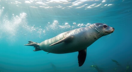 A seal swimming gracefully underwater with bubbles around.