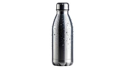 Polished steel water container, droplets, isolated against black. Silver bottle detail