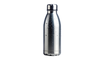 A stainless steel water bottle against a black background with condensation visible on its exterior