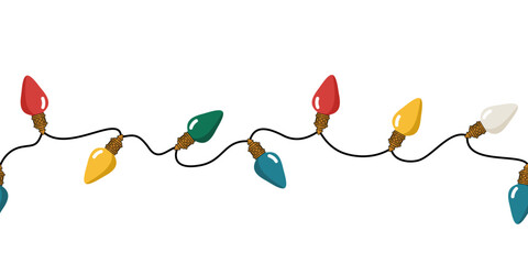 Świąteczna girlanda z kolorowymi lampkami na beżowym tle. Dekoracja bożonarodzeniowa. Bezszwowy wektorowy pasek z światełkami choinkowymi.