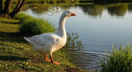 A white goose walking gracefully along a pond’s edge.