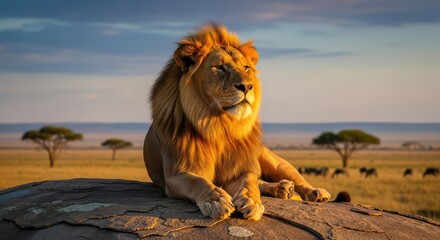 A powerful lion resting on a rock in the savanna