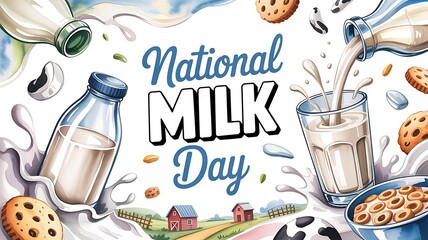 Celebratory national milk day image featuring milk bottles, glass, cookies, and farm scenery artwork