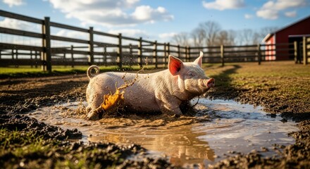 A cute piglet playing in the muddy farmyard.