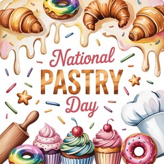 National pastry day celebration with croissants donuts and cupcakes in watercolor style illustration