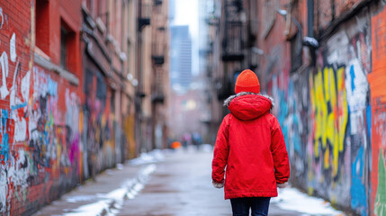 Person in red jacket walks through vibrant graffiti covered alley, surrounded by colorful street art and urban scenery
