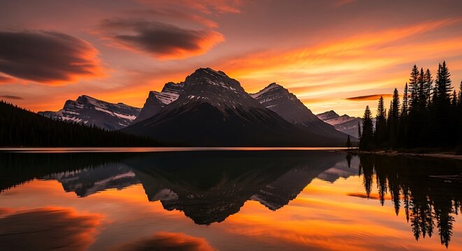 Spectacular mountain range reflected within pristine lake at sunset