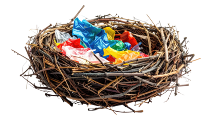 A bird's nest made of twigs holds crumpled colorful plastic materials