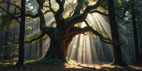 Majestic ancient oak tree with dramatic sunbeams filtering through a misty forest canopy