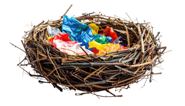 A bird's nest made of twigs holds crumpled colorful plastic materials