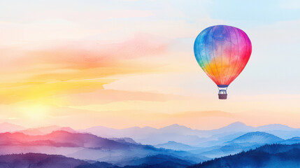 Fototapeta premium Vibrant hot air balloon floats above colorful mountains at sunset, creating serene and picturesque scene