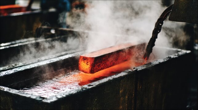 Hot steel is quenched in water, producing dramatic steam clouds. Safety posters and maintenance manuals designed specifically for industrial assembly lines and welding operations.