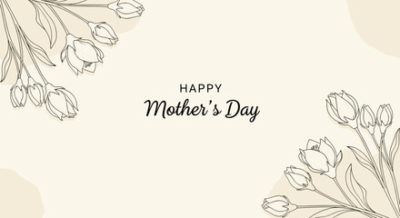 A minimalist background for Mother's Day. The corners feature elegant line drawings of flower buds with slender stems and space for text. Flat graphic style, watercolor washes.