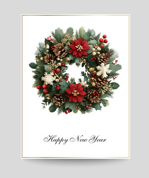 Merry Christmas and Happy New Year greeting card template. Christmas wreath mistletoe. Watercolor vector winter elements - illustrations for banners, backgrounds or greeting cards.