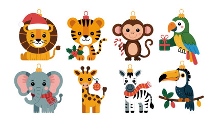 Fototapeta premium Festive Wildlife: An array of delightful, holiday-themed animal ornaments, celebrating the season's joy. A lion, tiger, monkey, parrot, elephant, giraffe, zebra, and toucan adorn Christmas spirit.