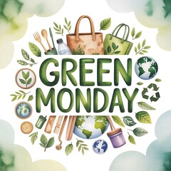 Watercolor illustration of green monday text with eco friendly items and earth globes around it