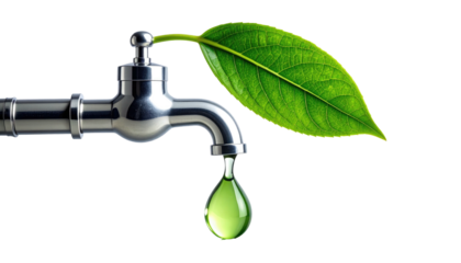 A chrome faucet, green leaf, and water droplet symbolize environmental conservation