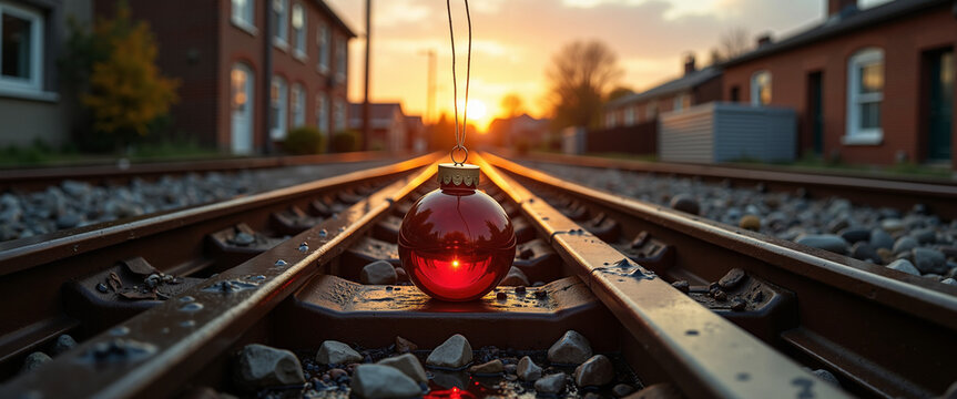 Glowing bauble reflecting on railway tracks at sunset in a factory   - Powered by Adobe