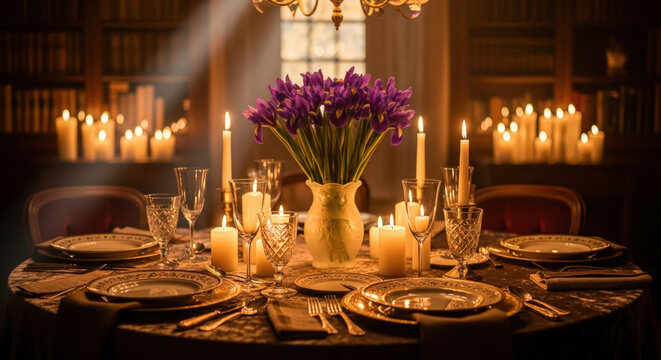 Elegant dinner table set with glowing candles, purple flowers in a luxurious dining room at night