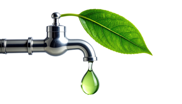 A chrome faucet, green leaf, and water droplet symbolize environmental conservation