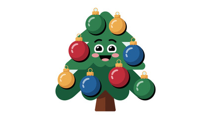 Fototapeta premium Festive Evergreen: A vibrant cartoon Christmas tree adorned with colorful ornaments and a cheerful face.