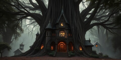 Ancient tree house dwelling mysterious forest eerie atmosphere gothic architecture dark woods fantasy setting