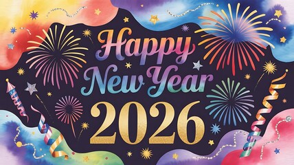 Happy new year greeting card featuring fireworks and confetti celebrating the year of twenty twenty six