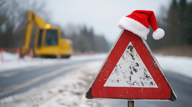 Festive road work! A Santa hat adorns a triangular warning sign on a snowy road, with construction equipment in the background, blending safety with holiday cheer.