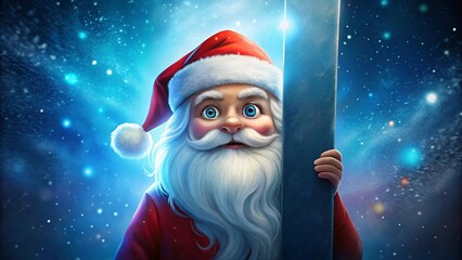 Magical Santa Claus peeking from behind a glowing pillar on a starry winter night with festive lights