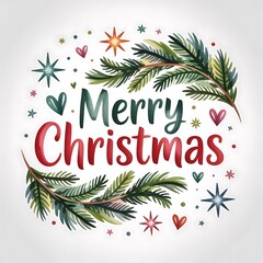 Watercolor merry christmas text with pine branches hearts and stars holiday festive illustration